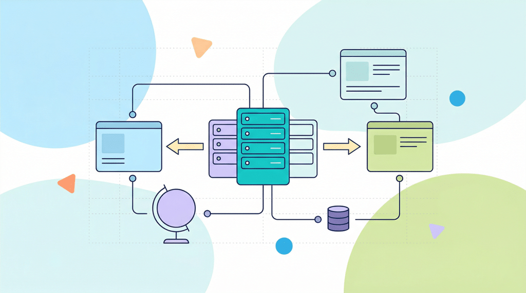 A modern illustration of web hosting infrastructure, featuring servers and network connections